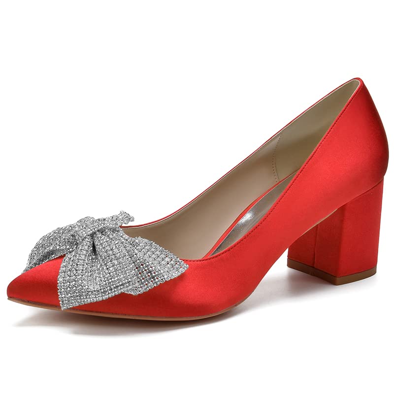 Chaussures à enfiler à bout pointu en satin rouge à talon de 6 cm