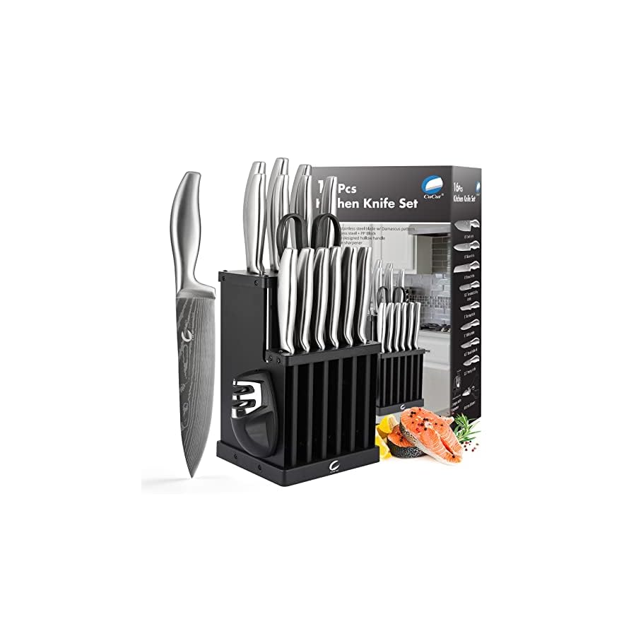CuCut Knife Set, 16 Piece Knife Set with Block, German Stainless Steel Hollow Handle Kitchen Knives, Include Kitchen Accessories