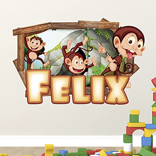Los Tres Monitos Juguetones - Calcomanías de Vinilo Personalizadas con Nombre Pegatinas de Letras Calcomanías de Pared LE129 (Pequeño: 50 cm x 30 cm) Cover