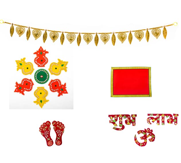 Pooja Essentials Combo Set Toran Acrylic Rangoli Kolam Aasan Shubh Labh Lakshmi Charan Paduka Stickers for Festival Diwali Pujan Mandir Home Office and Gifting (Pooja Set)