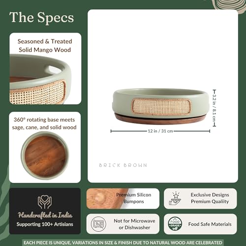Image of Brick Brown Premium Jali 360 Rotating Wooden Serving Tray with Cane Weaving | Lazy Susan Turntable Tray for Dining Table, Kitchen, Coffee Table | Sage & Walnut Finish Decorative Organizer -12 Inch
