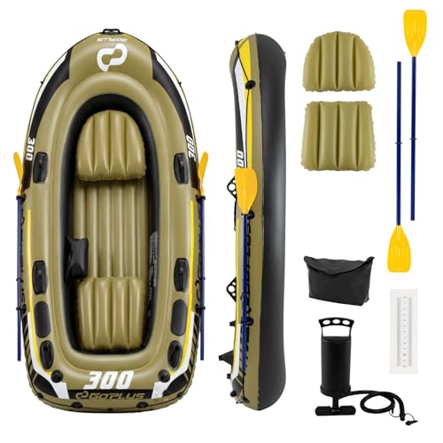 Goplus Inflatable Boat, 3/4 Person Heavy-Duty Fishing Raft Set with Oars, Bolster Seats, Pouch, Rod Holders & Motor Mount Compatible for Lake River Ponds (3-Person)