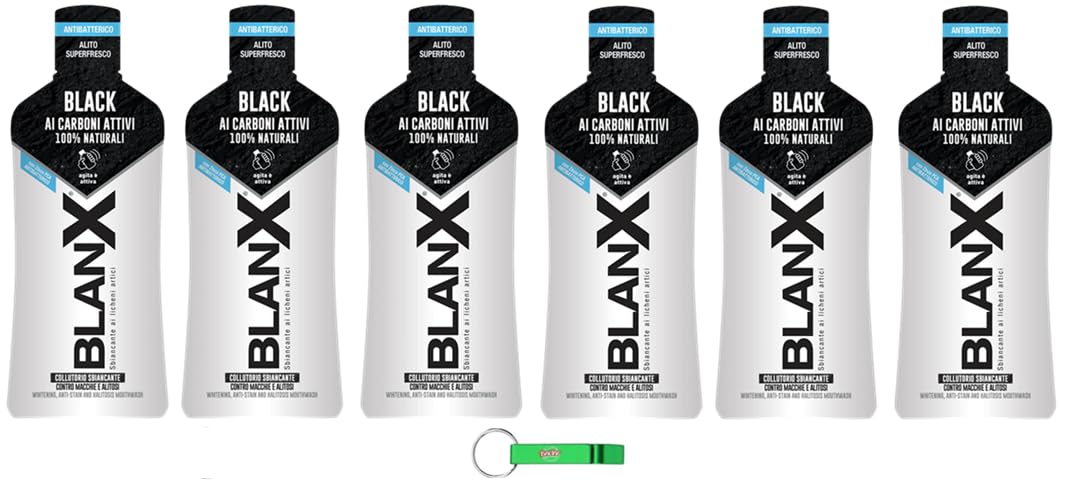 6 X BlanX Collutorio Sbiancante Black, Sbiancante Nero Acqua Boccale per Igiene Orale, Anti Macchie e Sbiancante Boccale 500 ml + Beni Culinari Portachiavi Gratis
