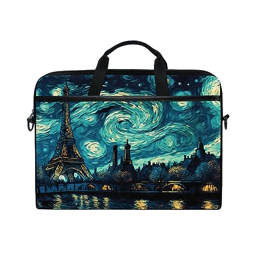 Akiraki PCケース レディース パリ エッフェル塔 星柄 ブルー 15 15.4インチ ノートパソコンバッグ 保護ケース 軽量 ビジネスバッグ メンズ 通勤 パソコンケース 取っ手付き ショルダー付き 出張 A4対応