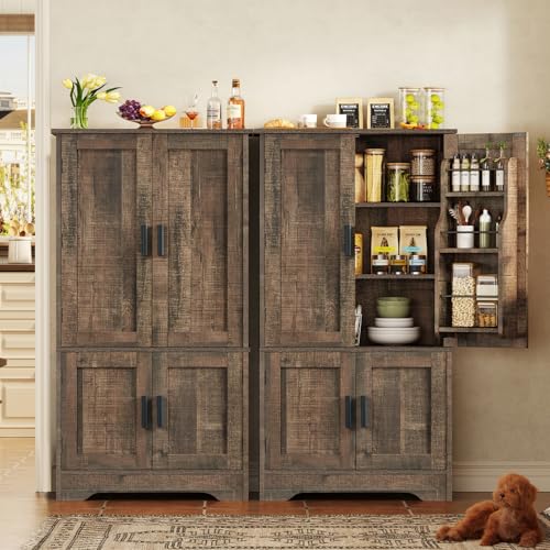 Image of TEENFON Storage Cabinet with 4 Doors, 43.3 inch H Farmhouse Kitchen Cabinet with 6 Door Shelves, Kitchen Storage Cabinets with Adjustable Shelves, for Living Room, Antique Oak