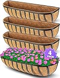 LAVEVE 30’’ Window Box Railing Planter with Coco Liner (4 Pack), Balcony Metal Hanging Planter Bracket with Coconut Liner for Outdoor, Fence, Porch and Patio
