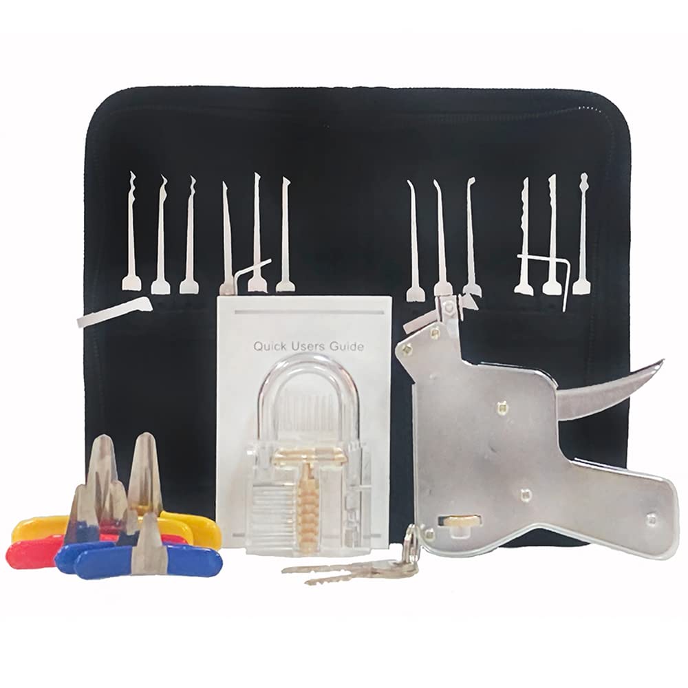 27 Piece Lock Picking Set with Zipper Bag, Lock Pick Gun and 6 Piece Padlock Shim,Transparent Training Locks,Extractor Tool for Beginner and Locksmith Training(Black)