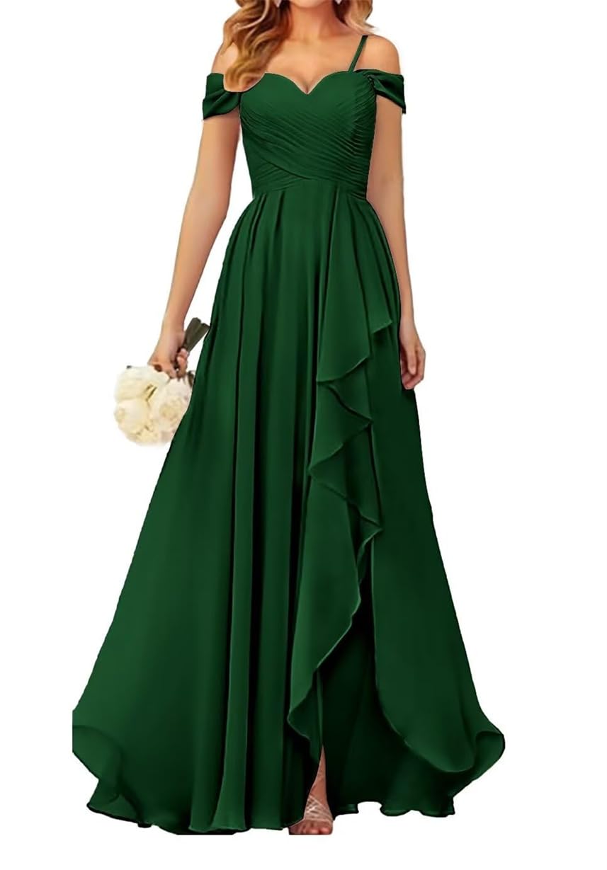 Wseyu Women's Emerald Green Off Shoulder Bridesmaid Dresses For Wedding Chiffon Prom Dresses Long Formal Evening Gown With Slit Uk10