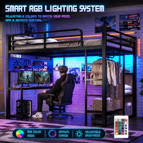 Image of Bellemave Metal Queen Size Loft Bed with Desk and LED Lights,Heavy Duty Loft Bed Frame with Storage Shelves and Charging Station for Kids,Teens,Adults, Space Saving,Black