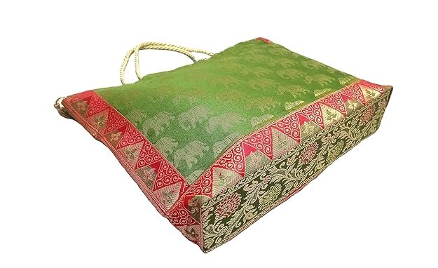 Image of Hand Purse | Traditional Hand Purse | Silk Wallet Hand Bag | Shagun HandPurse | Gifts HandBag | Golden Handle Tote Handbag | Brocade Shoulder Bag | 16 INCH