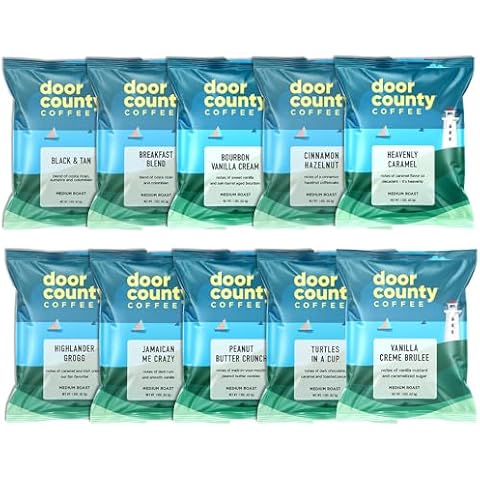 Gourmet Flavored Coffee Sampler Pack - 10 Bags of Unique Flavored Coffees - Roasted by Door County Coffee Cover