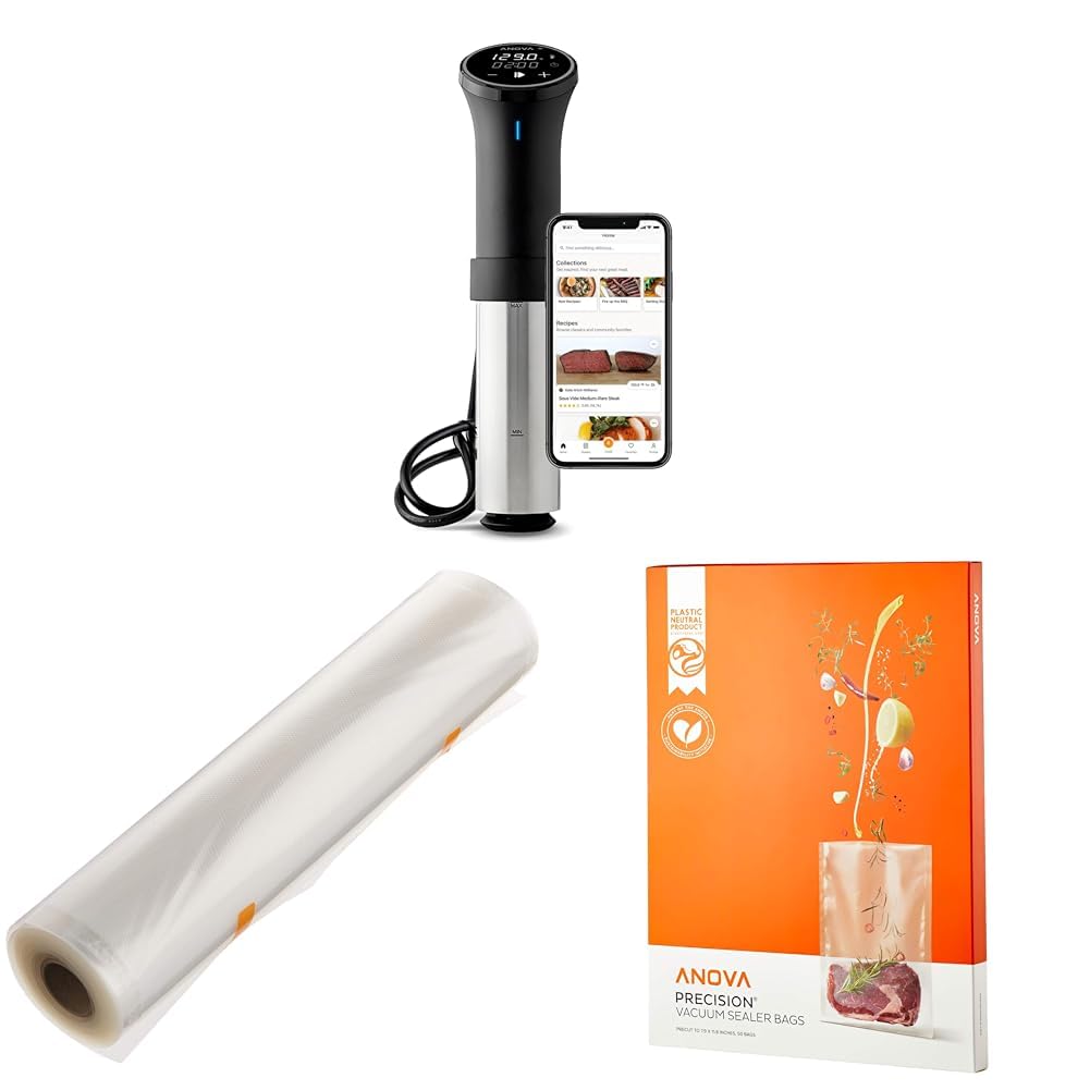 Anova Culinary Sous Vide Precision Cooker 3.0 (WiFi), 1100 Watts & Precision Vacuum Sealer Bag (Rolls),Clear,ANBR01, medium & Precision Vacuum Sealer Bags (Pre-cut),Clear