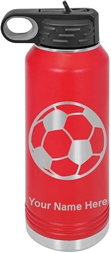 Miniatura 9 de LaserGram Botella de agua con tapa abatible de doble pared de 20 onzas con pajilla, pelota de fútbol, grabado personalizado incluido (negro)