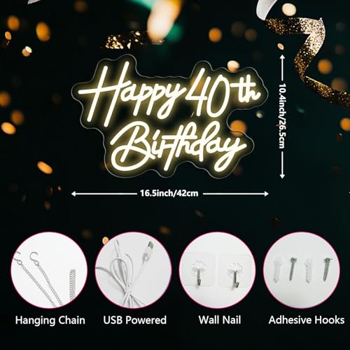 Image of Happy 40th Birthday Neon Sign For Birthday Party16.5 inch*10.5 inch Neon Happy Birthday Led Neon Light For Party Backdrop Wall Decor With Dimmable Switch Birthday Light Up Sign Birthday Gift
