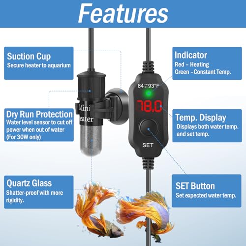 Image of Super Mini Aquarium Heater 10W Betta Heater for 1-2 Gallon Tanks, Small Fish Tank Heater Turtle Heater with Dry-Run /Overheat Protection, Memory Function