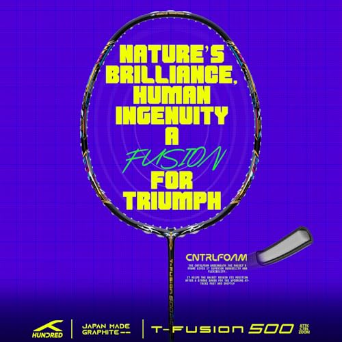 Image of Hundred T-Fusion 500 Attack Unstrung Badminton Racket with Full Cover | 84 Grams | Maximum Tension ≤32 to 34 lbs (Black /Charcoal)