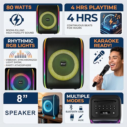 Image of Target TT-PSU-803 Bluetooth Party Speaker, 80W, 8 Inch, RGB Lights, Karaoke, with Wireless Microphone and Remote, Black