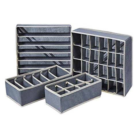 DEFWAY Drawer Organisers for Bra Underwear - Fabric Foldable 4 Set Drawer Storage Organiser Dividers for Tie Belt Scarf, Large Tidy Box Organiser Bedroom for Drawer Closet, Grey Cover