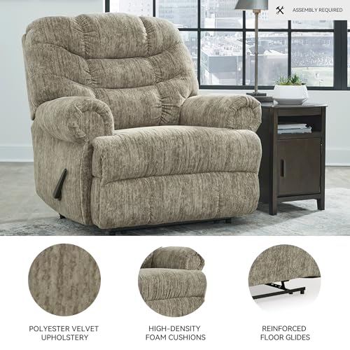 Image of Signature Design by Ashley Recliner, Oversized Taupe, Movie Man | Plush polyester velvet upholstery, Space-saving wall hugger needs 3 in of room, Extra-wide seating for big & tall comfort