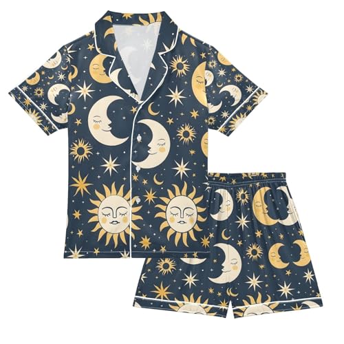 senya Moon and Star Satin Summer Pajama Sets Silk Short Sleeve Button Down Sleepwear