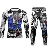 [ORBU] スポーツインナー メンズ 上下セット コンプレッション トップス メンズ 半袖 Tシャツ+ スポーツショートタイツ プリント柄 インナー パワーストレッチ アンダー シャツ 吸汗 速乾 通気 トレーニングウェア 夏（ホワイト長袖（ゴリラ）-M）