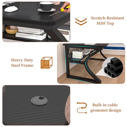 Image of 47 inch Computer Desk, Home Office Desk with Storage Shelf, Sturdy U-Shaped Metal Frame Study Table with Cable Management, Gaming Desk for Office & Bedroom (Carbon Fiber Black, 47inch)