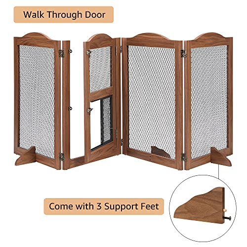 beeNbkks Freestanding Pet Gate with Cat Door, Dog Proof Cat Gate, Indoor Dog Gates for The House Doorways Stairs, Metal Mesh Wooden Small Animal Pet Barrier with Walk Through Door and Support Feet