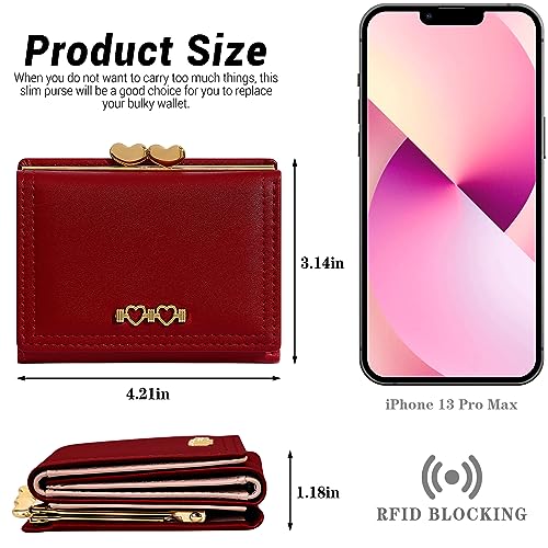 YINHEXI Wallet for Women, Cute Wallet Card Holder, Small Trifold RFID Blocking Purse, Cute Small Leather Mini Short Purse with Coin Pocket for Girls, Ladies (Burgundy)3