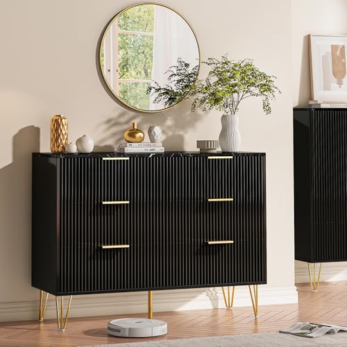 Wumagin Commode Chambre 6 Tiroirs, Meuble de Rangement Moderne avec Poignées et Pieds dorés, 100x34x73 cm Meuble Tiroir Rangement pour Salon, Chambre,...