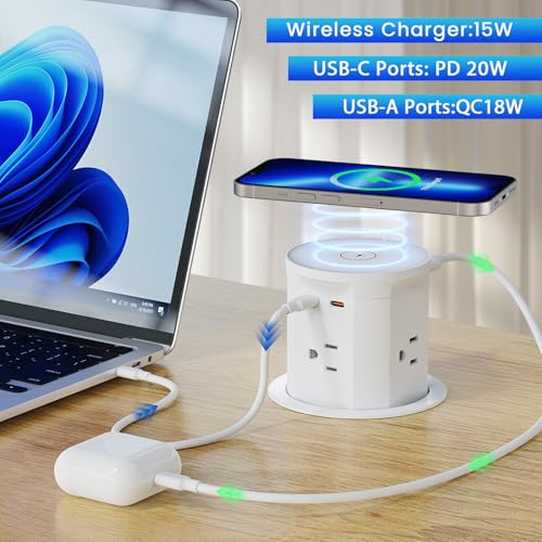 Yyska PP01 Pop Up Outlet For Countertop With 15W Wireless Charger,4 Outlets 2 Pd20W Usb-C Ports,1Qc18W Usb-A,3.3 Inch Desk Hole Power Grommet,Pop Up Power Outlet For Kitchen Countertop,Office Conference Table thumb #1