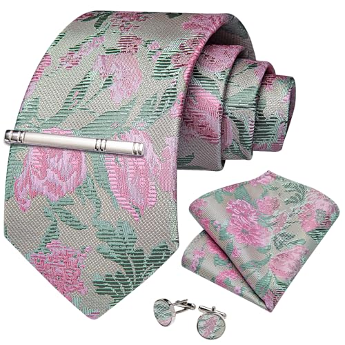 Image of DiBanGu Silk Floral Ties for Men Woven Paisley Necktie and Tie Clip Handkerchief Cufflinks Set for Party Wedding