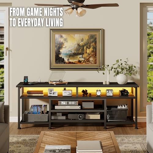 Korfile TV Stand for 60/65/70 inch TV, 63 in Gaming Entertainment Center with LED Lights and Power Outlets, TV Console Table with Open Shelves for Living Room and Bedroom, Black