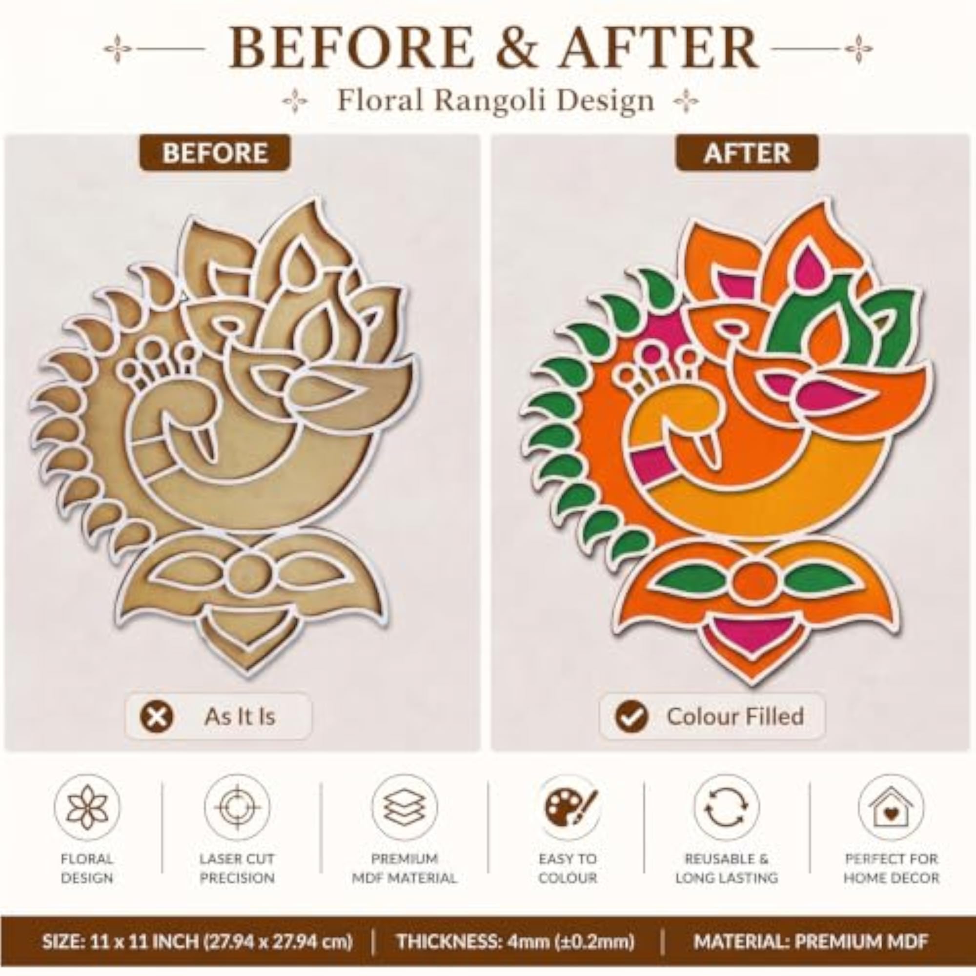 Portable Rangoli Stencil for Decor, 11 Inches