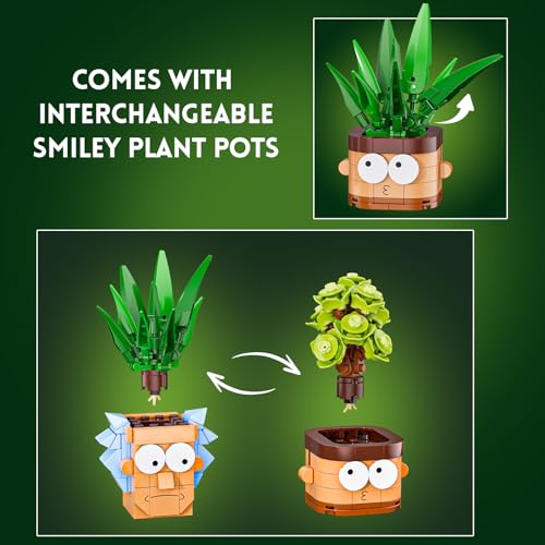 Image of JAKI Botanicals Funny Cartoon Plants Building Toy Set - Interchangeable Pot Design Desk Decor Birthday Gift Idea for Young Gardeners Artificial Indoor Plant Play & Display for Kids, Girls and Boys 12+