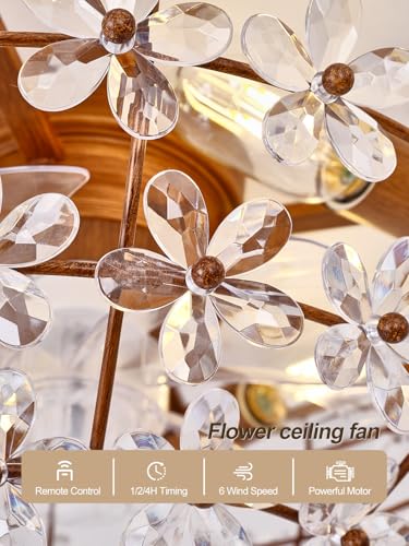 Image of 18 inch Flower Fandelier Ceiling Fan with Light, Crystal Flush Mount Ceiling Fan with Light and Remote, Mid Century Caged for Bedroom, Nursery, Living Room