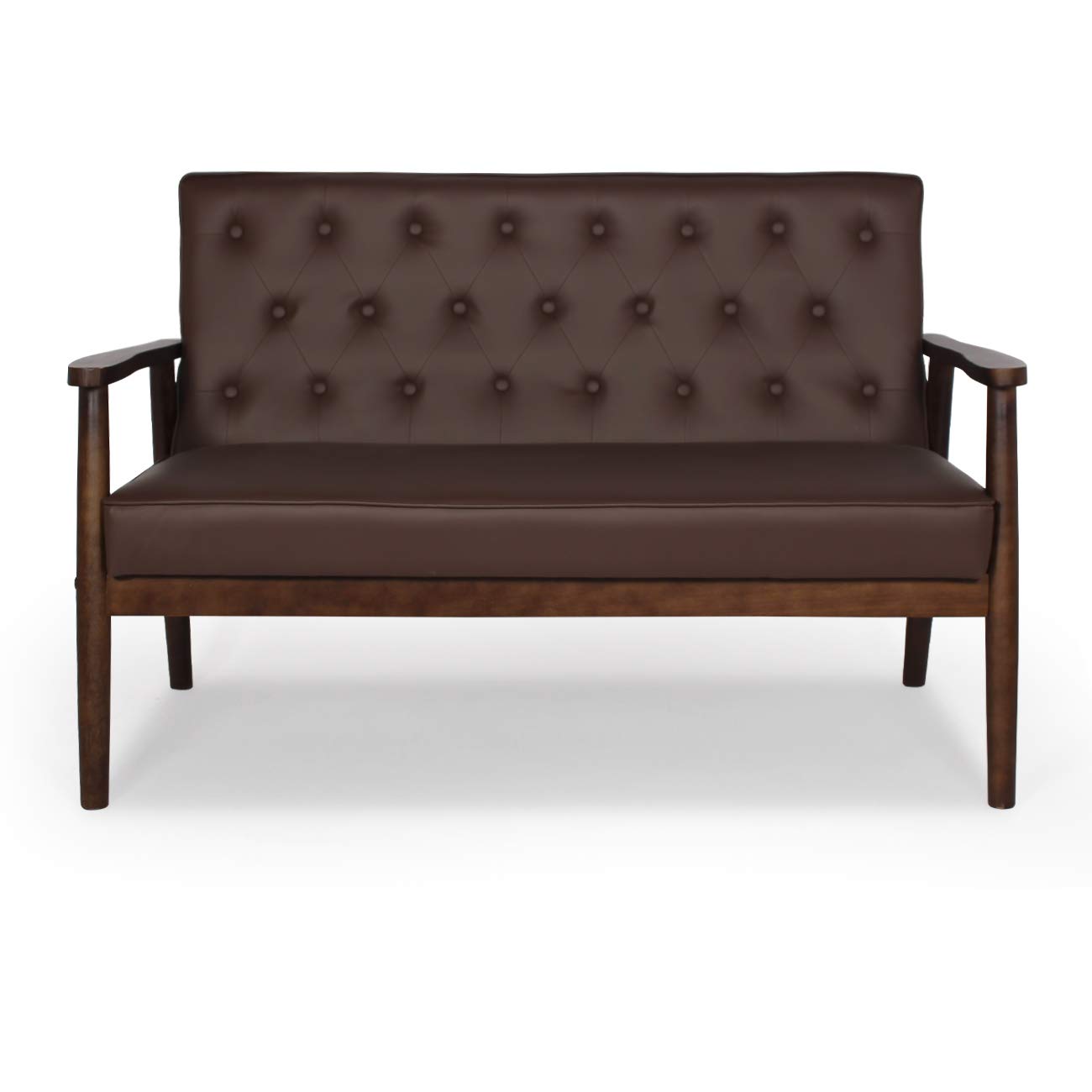 JIASTING Mid-Century Modern Faux Leather Loveseat Chair Wooden Arm 2-Seater Living Room Chairs Retro Armchair