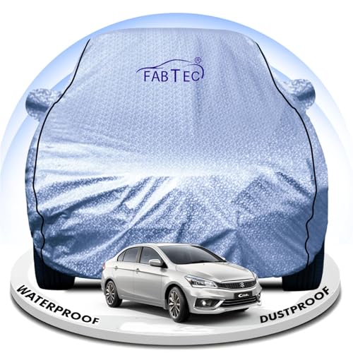 Image of FABTEC Metallic Silver Waterproof Car Body Cover for Maruti Ciaz Sun, UV and Dust Protection with Mirror Pocket (Reflective Silver with Black Piping)