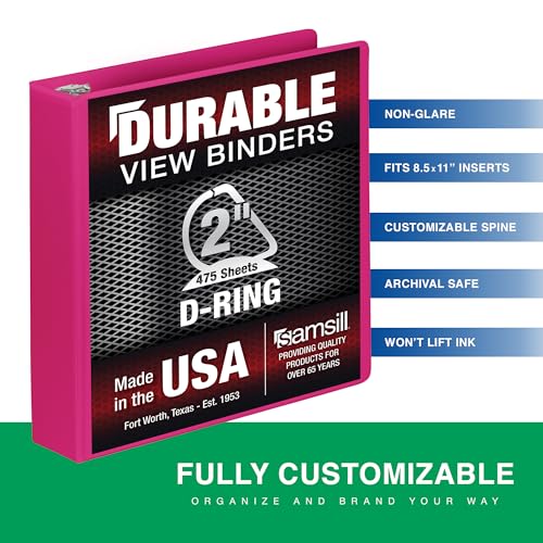 Image of Samsill Durable 2 Inch Binder, D Ring Binder, Customizable Clear View Cover, Dragonfruit, Holds 475 Pages