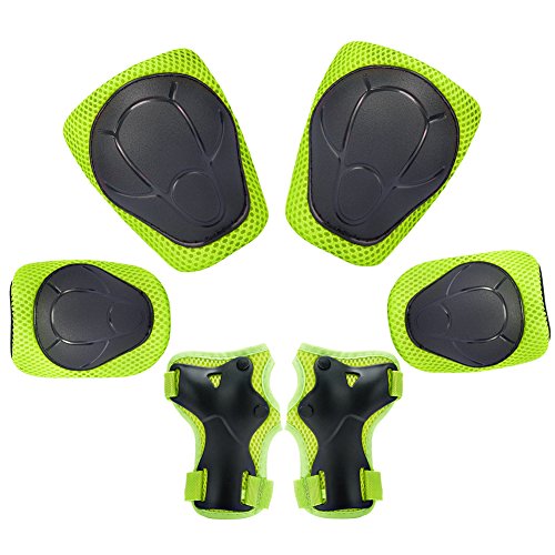 Kuyou Protective Gear Set, 6 in 1 Knee and Elbow Pads with Wrist Guards Toddler for Kids Riding Safety (Green)