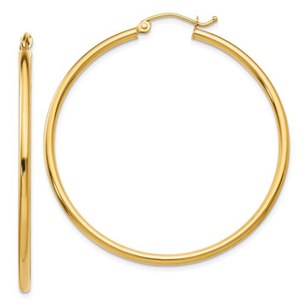 14K Gold Classic Real Hoop Earrings, (2mm Tube)