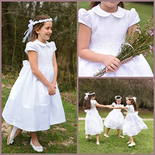 First Communion Girls Dresses 1st holy Communion Dress White Shantung Fabric Hand Embroidery Smocked Dress Sizes 6 8 10 122