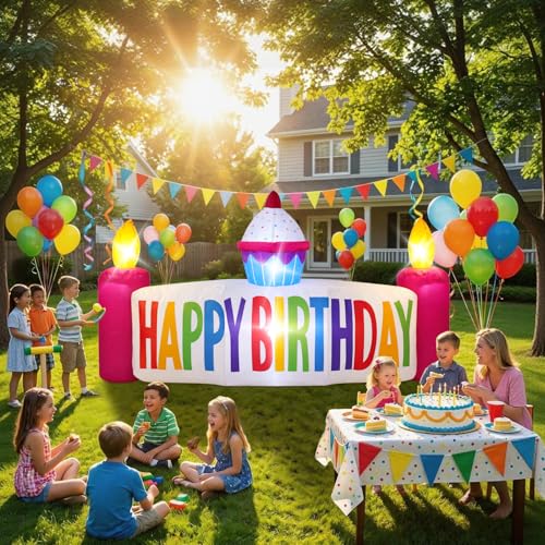 5FT Happy Birthday Inflatable Outdoor Decoration Birthday Cake Inflatable with Candles Blow up Yard Decorations for Outdoor Garden Porch Lawn Decor