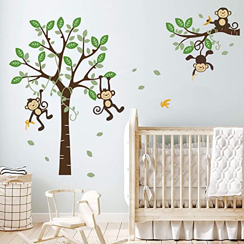 Supzone Monkey Climbing Tree Wall Decals Jungle Animals Wall Stickers Green Tree Vine Wall Decal for Kids Baby Nursery Girl Boy Bedroom Playroom Wall Decor