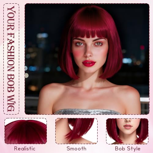 Image of PLULON Burgundy Short Bob Wig with Bangs for Women, Colorful Neon Short Bob Synthetic Hair Wigs with Hair Cap Heart Sunglasses for Adults Girls Daily Bachelorette Halloween Costume Party Supplies