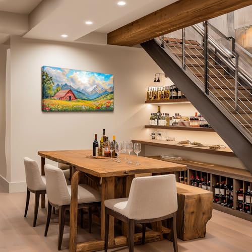 crmotu Mountain Barn Large Wall Art, Rustic Farmhouse Wall Decor, Nature Landscape Art Prints, Colorful Wildflowers Canvas Paintings, Bright Pictures for Living Room Bedroom Kitchen 20x40 Inch
