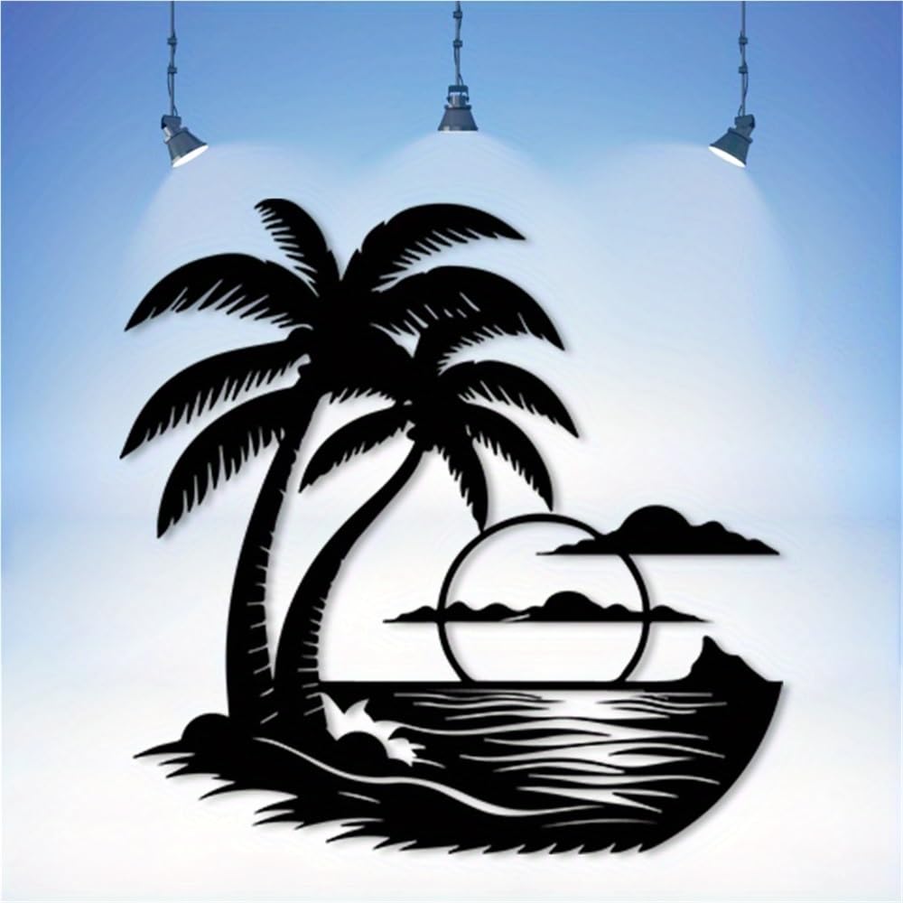 Decoración de pared abstracta contemporánea de metal con palmera marina y amanecer - Resistente a la intemperie para interiores y exteriores, ideal para patio, oficina, Navidad y paisajes de play