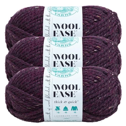 Image of Lion Brand Yarn Wool-Ease Thick and Quick Yarn, Soft and Bulky Yarn for Knitting, Crocheting, and Crafting, 3 Pack, Raisin | Super Bulky Wool Acrylic Blend Fiber for Soft Hats, Sweaters, Chunky Blankets, Yarn for Crochet, Knitting, Crafts, Weaving