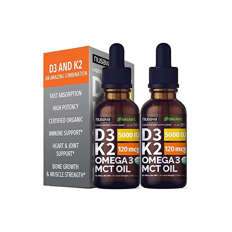 (2 Pack) Organic Vitamin D3 K2 Drops w MCT Oil Omega 3, 5000 IU