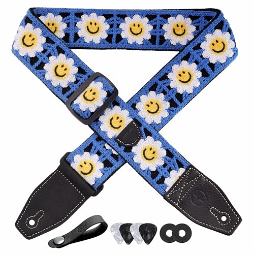 Guitar Strap, 2 inch Smiley Flower Knit Guitar Straps with Full Grain Leather End, for Bass Electric and Acoustic Guitars, Free Button, Locks and Picks-Blue - Les Beatles, Paul McCartney, John Lennon, RIngo Starr, George Harrison Guitar Strap, 2 inch Smiley Flower Knit Guitar Straps with Full Grain Leather End, for Bass Electric and Acoustic Guitars, Free Button, Locks and Picks-Blue