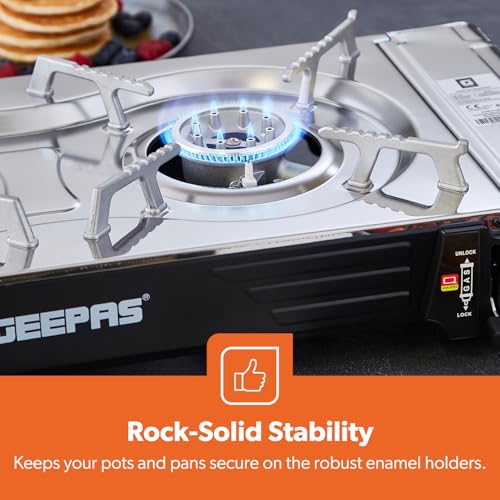 Geepas Portable Camping Gas Stove, Double Burner – BBQ Cooker, Outdoor Grill Plate – Automatic Ignition System, Butane Can - BBQ Caravan Outdoor - Image 4
